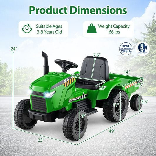 12V 2-in-1 Kids Ride On Tractor with Trailer and 3-Gear Shift-Grayish Green