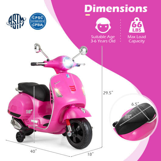 12V Kids Electric Motorcycle Licensed VESPA with Music and Training Wheels-Green