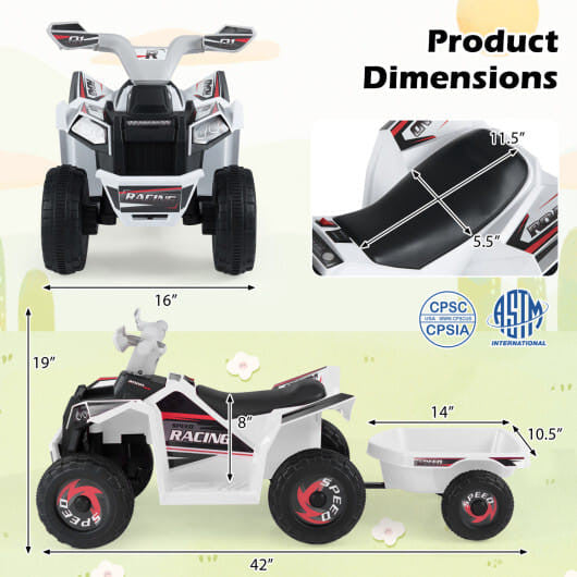 6V Kids Electric ATV Quad Car with Detachable Trailer-Green